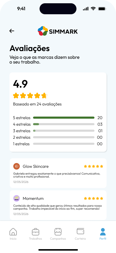 Tela de avaliações de creators no app da Simmark