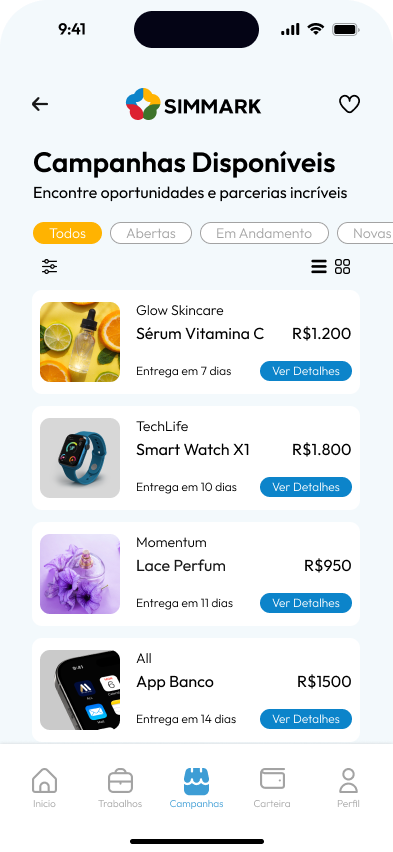 Tela de campanhas da marca no app da Simmark