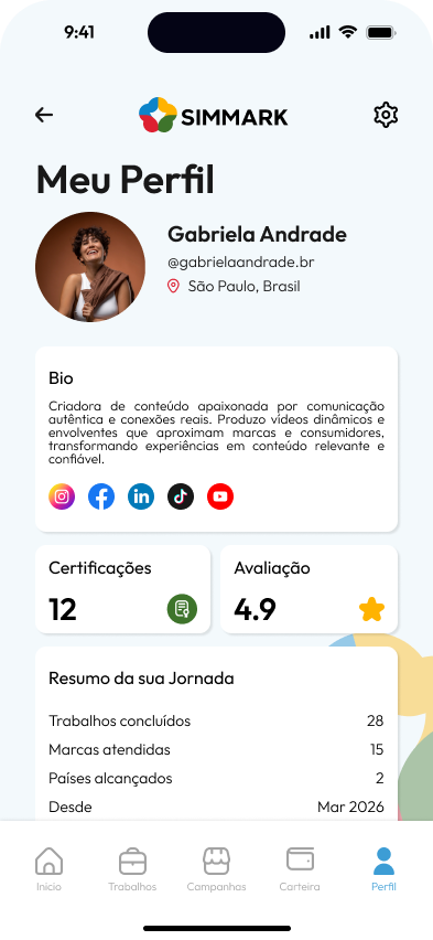 Tela de perfil do creator na Simmark com portfólio, nicho e avaliações de marcas