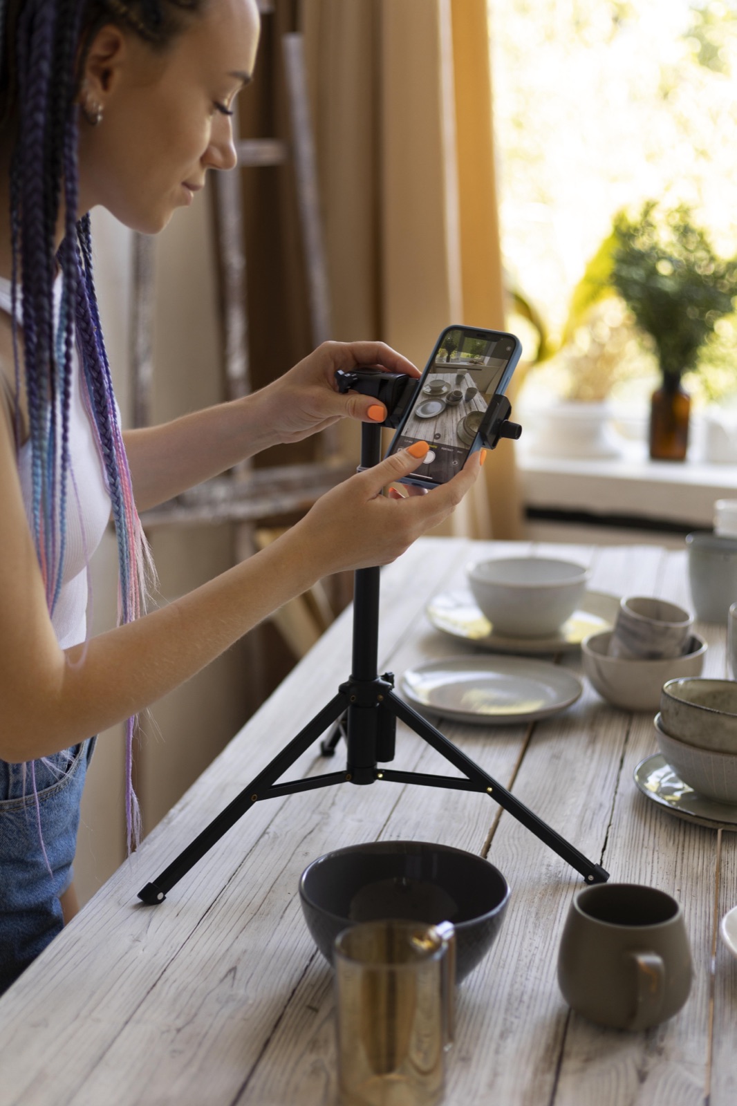 Creator fotografando peças de cerâmica em um mini estúdio caseiro, exemplo de conteúdo de nicho de casa e decoração.