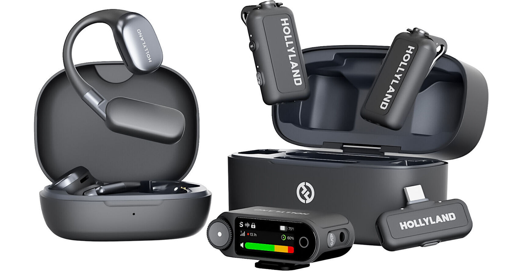 Hollyland Lark Max 2 com fones de monitoramento open-ear, receptor com tela colorida, dois transmissores e estojo de carga