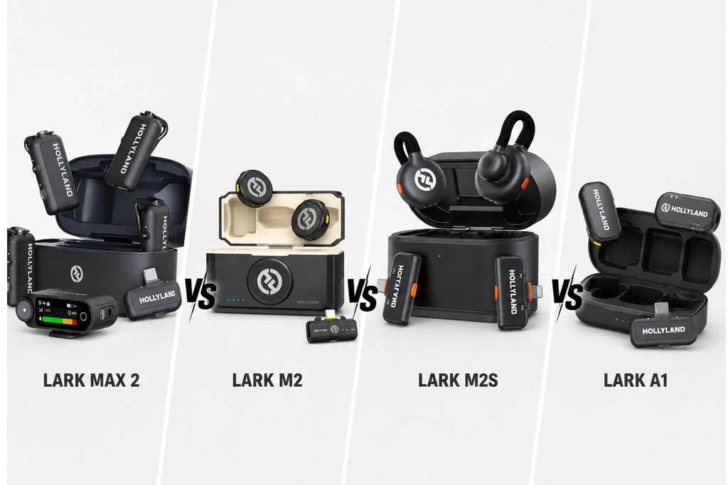Comparativo da linha Hollyland Lark com os modelos Max 2, M2, M2S e A1 lado a lado.